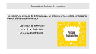 Les stratégies de distribution des producteurs
Le choix d’une stratégie de distribution par un producteur nécessite la connaissance
de trois éléments fondamentaux :
- Les canaux de distribution
- Le circuit de distribution
- Le réseau de distribution
 
