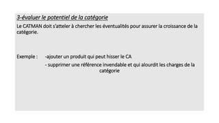 3-évaluer le potentiel de la catégorie
Le CATMAN doit s’atteler à chercher les éventualités pour assurer la croissance de la
catégorie.
Exemple : -ajouter un produit qui peut hisser le CA
- supprimer une référence invendable et qui alourdit les charges de la
catégorie
 