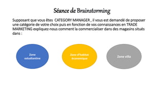 Séance de Brainstorming
Supposant que vous êtes CATEGORY MANAGER , il vous est demandé de proposer
une catégorie de votre choix puis en fonction de vos connaissances en TRADE
MARKETING expliquez-nous comment la commercialiser dans des magasins situés
dans :
Zone
estudiantine
Zone d’habitat
économique
Zone villa
 
