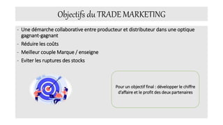 Objectifs du TRADE MARKETING
- Une démarche collaborative entre producteur et distributeur dans une optique
gagnant-gagnant
- Réduire les coûts
- Meilleur couple Marque / enseigne
- Eviter les ruptures des stocks
Pour un objectif final : développer le chiffre
d’affaire et le profit des deux partenaires
 