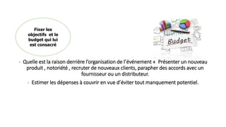 - Quelle est la raison derrière l’organisation de l’événement « Présenter un nouveau
produit , notoriété , recruter de nouveaux clients, parapher des accords avec un
fournisseur ou un distributeur.
- Estimer les dépenses à couvrir en vue d’éviter tout manquement potentiel.
Fixer les
objectifs et le
budget qui lui
est consacré
 