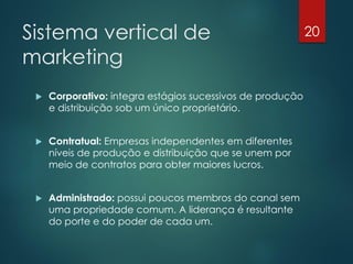 Sistema vertical de                                         20

marketing
    Corporativo: integra estágios sucessivos de produção
     e distribuição sob um único proprietário.


    Contratual: Empresas independentes em diferentes
     níveis de produção e distribuição que se unem por
     meio de contratos para obter maiores lucros.


    Administrado: possui poucos membros do canal sem
     uma propriedade comum. A liderança é resultante
     do porte e do poder de cada um.
 