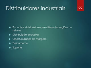 Distribuidores industriais                               29




    Encontrar distribuidores em diferentes regiões ou
     setores
    Distribuição exclusiva
    Oportunidades de margem
    Treinamento
    Suporte
 