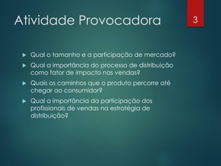 Atividade Provocadora                                 3


    Qual o tamanho e a participação de mercado?
    Qual a importância do processo de distribuição
     como fator de impacto nas vendas?
    Quais os caminhos que o produto percorre até
     chegar ao consumidor?
    Qual a importância da participação dos
     profissionais de vendas na estratégia de
     distribuição?
 