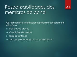 Responsabilidades dos                                   34

membros do canal

Os fabricantes e intermediários precisam concordar em
relação a:
   Políticas de preços
   Condições de venda
   Direitos territoriais
   Serviços prestados por cada participante
 