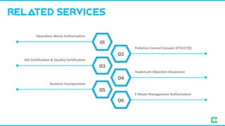 01
02
03
05
04
Hazardous Waste Authorisation
RELATED SERVICES
ISO Certification & Quality Certification
Business Incorporation
Pollution Control Consent [CTE/CTO]
Trademark Objection Resolution
06
E-Waste Management Authorisation
 