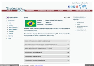 Login / Register | Contact Us

ABOUT US

TRADEMARKS

TRADEMARKS

GEOGRAPHICAL INDICATIONS

PATENTS

DESIGNS

7:51:22

Brazil

PLANT BREEDERS RIGHTS

TRADEMARKS NEWS &
UPDATES

COUNTRY

ASIA

SOUTH AMERICA

FEDERATIVE REPUBLIC OF BRAZIL

:

BRASILIA

LANGUAGE :

AFRICA
NORTH AMERICA

:

CAPITAL

CONTINENTS

PORTUGUESE

MEMBER : PARIS CONVENTION, BERNE CONVENTION, WTO TRIPS, PCT, LATIN UNION OF
SOUTH AMERICA, BRICS.

1. INDIAN TECH
2. Demo
3. INDIA JOINS MADRID
PROTOCOL
4. WEBSITE UPDATE

OCEANIA
EUROPE
TREATIES

The Intellectual Property Office in Brazil is administered by INPI. Headquartered in Rio
De Jeneiro, INPI has offices in all the states of the country.

FAQs
KINDS OF TRADEMARKS REGISTRABLE IN BRAZIL

REQUISITES FOR TRADEMARKS TO BE REGISTRABLE IN BRAZIL

KINDS OF TRADEMARKS NOT REGISTRABLE IN BRAZIL

TRADEMARKS SEARCH IN BRAZIL

TRADEMARKS FILING IN BRAZIL

TRADEMARKS EXAMINATION IN BRAZIL

open in browser PRO version

Are you a developer? Try out the HTML to PDF API

pdfcrowd.com

 