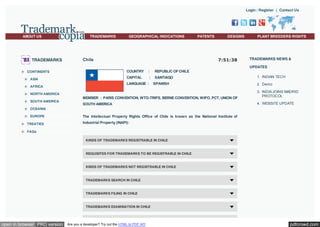 Login / Register | Contact Us

ABOUT US

TRADEMARKS

TRADEMARKS

GEOGRAPHICAL INDICATIONS

PATENTS

DESIGNS

7:51:38

Chile

PLANT BREEDERS RIGHTS

TRADEMARKS NEWS &
UPDATES

COUNTRY

ASIA

SOUTH AMERICA

REPUBLIC OF CHILE

:

SANTIAGO

LANGUAGE :

AFRICA
NORTH AMERICA

:

CAPITAL

CONTINENTS

SPANISH

MEMBER : PARIS CONVENTION, WTO-TRIPS, BERNE CONVENTION, WIPO, PCT, UNION OF
SOUTH AMERICA

1. INDIAN TECH
2. Demo
3. INDIA JOINS MADRID
PROTOCOL
4. WEBSITE UPDATE

OCEANIA
EUROPE
TREATIES

The Intellectual Property Rights Office of Chile is known as the National Institute of
Industrial Property (INAPI):

FAQs
KINDS OF TRADEMARKS REGISTRABLE IN CHILE

REQUISITES FOR TRADEMARKS TO BE REGISTRABLE IN CHILE

KINDS OF TRADEMARKS NOT REGISTRABLE IN CHILE

TRADEMARKS SEARCH IN CHILE

TRADEMARKS FILING IN CHILE

TRADEMARKS EXAMINATION IN CHILE

open in browser PRO version

Are you a developer? Try out the HTML to PDF API

pdfcrowd.com

 