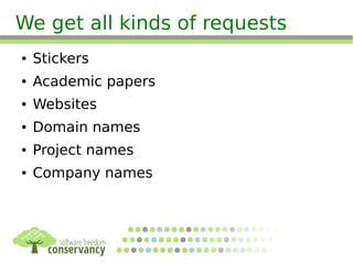 We get all kinds of requests
● Stickers
● Academic papers
● Websites
● Domain names
● Project names
● Company names
 