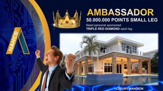 50.000.000 POINTS SMALL LEG
Need personal sponsored
TRIPLE RED DIAMOND each leg
LUXURY MANSION
 