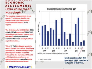 DAILY / WEEKLY ECONOMIC ASSESSMENTS  ( Start at the top & work down ). The broadest measurement of our country’s economic stability has always come from the quarterly Gross Domestic Product ( GDP ) reports. The definition of a RECESSION is  TWO   CONSECUTIVE  quarters of  NEGATIVE   Gross Domestic Product growth…BUT the  NBER  ( National Bureau of Economic Research ) usually has final say in the matter… This is  BY FAR  the biggest  quarterly  report that we ( as traders ) should pay attention to.  If the economy (GDP) is growing then there is reason to believe that the markets will/should exhibit positive emotions in an aggregate manner  especially  during the time of the announcement. [  http://www.bea.gov   ] Most recent quarter; first quarter of 2008; reported in early June of this year. 