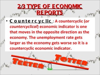 2/3 TYPE OF ECONOMIC REPORTS Countercyclic :  A countercyclic ( or countercyclical ) economic indicator is one that moves in the opposite direction as the economy. The unemployment rate gets larger as the economy gets worse so it is a countercyclic economic indicator. 