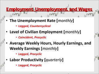 Employment, Unemployment, and Wages  The Unemployment Rate [ monthly ]  Lagged, Countercyclical Level of Civilian Employment [ monthly ]  Coincident, Procyclic Average Weekly Hours, Hourly Earnings, and Weekly Earnings [ monthly ]  Lagged, Procyclic Labor Productivity [ quarterly ] Lagged, Procyclic 