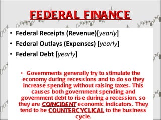 FEDERAL FINANCE Federal Receipts (Revenue)[ yearly ]  Federal Outlays (Expenses) [ yearly ]  Federal Debt [ yearly ]   Governments generally try to stimulate the economy during recessions and to do so they increase spending without raising taxes. This causes both government spending and government debt to rise during a recession, so they are  COINCIDENT   economic indicators. They tend to be  COUNTERCYCLICAL   to the business cycle . 