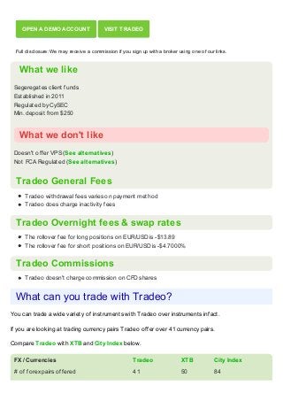 Segeregates client funds
Established in 2011
Regulated by CySEC
Min. deposit from $250
What we like
Doesn't offer VPS (See alternatives)
Not FCA Regulated (See alternatives)
What we don't like
Tradeo General Fees
Tradeo withdrawal fees varies on payment method
Tradeo does charge inactivity fees
Tradeo Overnight fees & swap rates
The rollover fee for long positions on EUR/USD is -$13.89
The rollover fee for short positions on EUR/USD is -$4.7000%
Tradeo Commissions
Tradeo doesn't charge commission on CFD shares
What can you trade with Tradeo?
You can trade a wide variety of instruments with Tradeo over instruments infact.
If you are looking at trading currency pairs Tradeo offer over 41 currency pairs.
Compare Tradeo with XTB and City Index below.
FX / Currencies Tradeo XTB City Index
# of forex pairs offered 41 50 84
OPEN A DEMO ACCOUNT VISIT TRADEO
Full disclosure: We may receive a commission if you sign up with a broker using one of our links.
 