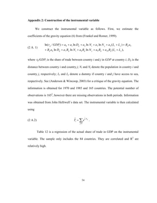 Appendix 2: Construction of the instrumental variable

        We construct the instrumental variable as follows. First, we estimate the

coefficients of the gravity equation (6) from (Frankel and Romer, 1999).

                ln( ij / GDP )  a0  a1 ln Dij  a 2 ln N i  a3 ln N j  a 4 ( Li  L j )  Bij a5
                             i
(2 A. 1)
                 Bij a6 ln Dij  a7 Bij ln N i  a8 Bij ln N j  a9 Bij  a10 Bij ( Li  L j ),


where ij/GDPi is the share of trade between country i and j in GDP at country i; Dij is the

distance between country i and country j; Ni and Nj denote the population in country i and

country j, respectively; Li and Lj denote a dummy if country i and j have access to sea,

respectively. See (Anderson & Wincoop, 2003) for a critique of the gravity equation. The

information is obtained for 1970 and 1985 and 165 countries. The potential number of

observations is 1652, however there are missing observations in both periods. Information

was obtained from John Helliwell´s data set. The instrumental variable is then calculated

using

                                                          

                                             Ti   e
                                                           a X ij
(2 A.2)                                                             .
                                                   j i



          Table 12 is a regression of the actual share of trade in GDP on the instrumental

variable. The sample only includes the 84 countries. They are correlated and R2 are

relatively high.




                                                      54
 