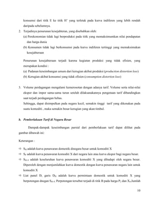 konsumsi dari titik E ke titik H’ yang terletak pada kurva indiferen yang lebih rendah
   daripada sebelumnya.
2. Terjadinya penurunan kesejahteran, yang disebabkan oleh:
   (a) Perekonomian tidak lagi berproduksi pada tiitk yang memaksimumkan nilai pendapatan
      dan harga dunia
   (b) Konsumen tidak lagi berkonsumsi pada kurva indiferen tertinggi yang memaksimukan
      kesejahteraan

   Penurunan kesejahteraan terjadi karena kegiatan produksi yang tidak efisien, yang
   merupakan kondisi :
   (a) Padanan keseimbangan umum dari kerugian akibat produksi (production distortion loss)
   (b) Kerugian akibat konsumsi yang tidak efisien (consumption distortion loss)


3. Volume perdagangan mengalami kemerosotan dengan adanya tarif. Volume serta nilai-nilai
   ekspor dan impor sama-sama turun setelah dilaksanakannya pengenaan tarif dibandingkan
   saat terjadi perdagangan bebas.
   Sehingga, dapat disimpulkan pada negara kecil, semakin tinggi tarif yang dikenakan pada
   suatu komoditi , maka semakin besar kerugian yang akan timbul.


b. Pemberlakuan Tarif di Negara Besar

       Dampak-dampak keseimbangan parsial dari pemberlakuan tarif dapat dilihat pada
gambar dibawah ini:

Keterangan :

 SH adalah kurva penawaran domestik dinegara besar untuk komoditi X
 SF adalah kurva penawaran komoditi X dari negara lain atau kurva ekspor bagi negara besar.
 SH+F adalah keseluruhan kurva penawaran komoditi X yang dihadapi oleh negara besar.
   Diperoleh dengan menjumlahkan kurva domestik dengan kurva penawaran negara lain untuk
   komoditi X
 Liat panel D, garis DH adalah kurva permintaan domestik untuk komoditi X yang
   berpotongan dnegan SH+F. Perpotongan tersebut terjadi di titik B pada harga P2 dan X4.Jumlah


                                                                                            10
 