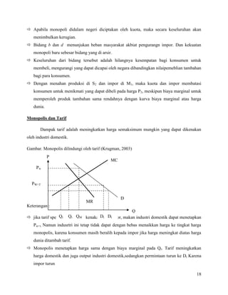  Apabila monopoli didalam negeri diciptakan oleh kuota, maka secara keseluruhan akan
   menimbulkan kerugian.
 Bidang b dan d menunjukan beban masyarakat akbiat pengurangn impor. Dan kekuatan
   monopoli baru sebesar bidang yang di arsir.
 Keseluruhan dari bidang tersebut adalah hilangnya kesempatan bagi konsumen untuk
   membeli, mengurangi yang dapat dicapai oleh negara dibandingkan nilaipemeblian tambahan
   bagi para konsumen.
 Dengan menahan produksi di S2 dan impor di M1, maka kuota dan impor membatasi
   konsumen untuk menikmati yang dapat dibeli pada harga P2, meskipun biaya marginal untuk
   memperoleh produk tambahan sama rendahnya dengan kurva biaya marginal atau harga
   dunia.

Monopolis dan Tarif

       Dampak tarif adalah meningkatkan harga semaksimum mungkin yang dapat dikenakan
oleh industri domestik.

Gambar. Monopolis dilindungi oleh tarif (Krugman, 2003)
            P
                                             MC
     Pw


  PW+T


                                                  D
                               MR
Keterangan :
                                                          Q
 jika tarif spesifik sebesar M dikenakanDt Dt
                  Qt Qt Q t               atas impor, makan industri domestik dapat menetapkan
   Pw+t. Namun indusrtri ini tetap tidak dapat dengan bebas menaikkan harga ke tingkat harga
   monopolis, karena konsumen masih beralih kepada impor jika harga meningkat diatas harga
   dunia ditambah tarif.
 Monopolis menetapkan harga sama dengan biaya marginal pada Qt. Tarif meningkatkan
   harga domestik dan juga output industri domestik,sedangkan permintaan turun ke Dt Karena
   impor turun

                                                                                           18
 