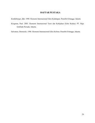 DAFTAR PUSTAKA

Kindleberger, dkk. 1990. Ekonomi Internasional Edisi Kedelapan. Penerbit Erlangga. Jakarta

Krugman, Paul. 2003. Ekonomi Internasional Teori dan Kebijakan (Edisi Kedua). PT. Raja
       Grafindo Persada. Jakarta.

Salvatore, Dominick. 1996. Ekonomi Internasional Edisi Kelima. Penerbit Erlangga. Jakarta.




                                                                                             26
 