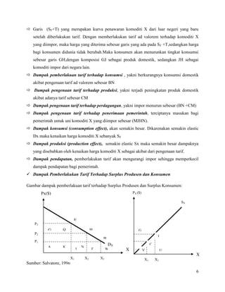  Garis (SF+T) yang merupakan kurva penawaran komoditi X dari luar negeri yang baru
   setelah diberlakukan tarif. Dengan memberlakukan tarif ad valorem terhadap komoditi X
   yang diimpor, maka harga yang diterima sebesar garis yang ada pada SF +T,sedangkan harga
   bagi konsumen didunia tidak berubah.Maka konsumen akan menurunkan tingkat konsumsi
   sebesar garis GH,dengan komposisi GJ sebagai produk domestik, sedangkan JH sebagai
   komoditi impor dari negara lain.
 Dampak pemberlakuan tarif terhadap konsumsi , yakni berkurangnya konsumsi domestik
   akibat pengenaan tarif ad valorem sebesar BN
 Dampak pengenaan tarif terhadap produksi, yakni terjadi peningkatan produk domestik
   akibat adanya tarif sebesar CM
 Dampak pengenaan tarif terhadap perdagangan, yakni impor menurun sebesar (BN +CM)
 Dampak pengenaan tarif terhadap penerimaan pemerintah, terciptanya masukan bagi
   pemerintah untuk uni komoditi X yang diimpor sebesar (MJHN).
 Dampak konsumsi (consumption effect), akan semakin besar. Dikarenakan semakin elastic
   Dx maka kenaikan harga komoditi X sebanyak SF
 Dampak produksi (production effect), semakin elastic Sx maka semakin besar dampaknya
   yang disebabkan oleh kenaikan harga komoditi X sebagai akibat dari pengenaan tarif.
 Dampak pendapatan, pemberlakukan tarif akan mengurangi impor sehingga memperkecil
   dampak pendapatan bagi pemerintah.
 Dampak Pemberlakukan Tarif Terhadap Surplus Produsen dan Konsumen

Gambar dampak pemberlakuan tarif terhadap Surplus Produsen dan Surplus Konsumen:
         Px($)                                                PX ($)

                                                                                         SX



                           E
    P3
            G      Q                        H                     G
    P2
                                                                                 J
                                                 B
    P1
                                                     DX                     C
            A      K               N
                               L            Z        W    X            V             U
                                                                                              X
                          X1           X2       X3                     X1       X2
Sumber: Salvatore, 1996
                                                                                              6
 