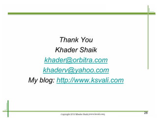28 
Thank You 
Khader Shaik 
khader@orbitra.com 
khaderv@yahoo.com 
My blog: http://www.ksvali.com 
