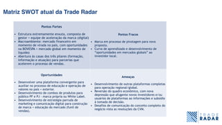 Matriz SWOT atual da Trade Radar
Pontos Fortes
• Estrutura extremamente enxuta, composta de
gestor + equipe de aceleração da marca (digital)
• Macroambiente: mercado financeiro em
momento de virada no país, com oportunidades
na BOVESPA + mercado global em momento de
liquidez
• Abertura às casas dos três pilares (formação,
informação e atuação) para parcerias que
acelerem o processo de vendas.
Pontos Fracos
• Marca em processo de pivotagem para nova
proposta.
• Curva de aprendizado e desenvolvimento de
“oportunidades em mercados globais” ao
investidor local.
Oportunidades
• Desenvolver uma plataforma convergente para
auxiliar no processo de educação e operação de
valores no país + exterior.
• Desenvolvimento de combos de produtos para
público PF e PJ - marca própria ou White Label.
• Desenvolvimento de estratégia parruda de
marketing e comunicação digital para construção
de marca + educação do mercado (funil de
vendas).
Ameaças
• Desenvolvimento de outras plataformas completas
para operação regional/global.
• Reversão do quadro econômico, com nova
depressão que afugente novos investidores e/ou
usuários de plataformas ao informações e subsídio
à tomada de decisão.
• Desafios de comunicação do conceito completo do
negócio vista as resoluções da CVM.
 