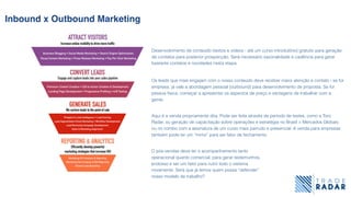 Inbound x Outbound Marketing
Desenvolvimento de conteúdo (textos e vídeos - até um curso introdutório) gratuito para geração
de contatos para posterior prospecção. Será necessário sazonalidade e cadência para gerar
bastante contatos e novidades nesta etapa.
Os leads que mais engajam com o nosso conteúdo deve receber maior atenção e contato - se for
empresa, já vale a abordagem pessoal (outbound) para desenvolvimento de proposta. Se for
pessoa física, começar a apresentar os aspectos de preço e vantagens de trabalhar com a
gente.
Aqui é a venda propriamente dita. Pode ser feita através de período de testes, como a Toro
Radar, ou geração de capacitação sobre operações e estratégia no Brasil + Mercados Globais
ou no combo com a assinatura de um curso mais parrudo e presencial. A venda para empresas
também pode ter um “mimo” para ser fator de fechamento.
O pós-vendas deve ter o acompanhamento tanto
operacional quanto comercial, para gerar testemunhos,
endosso e ser um fator para nutrir todo o sistema
novamente. Será que já temos quem possa “defender”
nosso modelo de trabalho?
 
