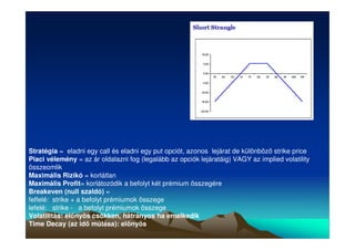 Stratégia = eladni egy call és eladni egy put opciót, azonos lejárat de különböz strike price 
Piaci vélemény = az ár oldalazni fog (legalább az opciók lejáratáig) VAGY az implied volatility 
összeomlik 
Maximális Rizikó = korlátlan 
Maximális Profit= korlátozódik a befolyt két prémium összegére 
Breakeven (null szaldó) = 
felfelé: strike + a befolyt prémiumok összege 
lefelé: strike - a befolyt prémiumok összege 
Volatilitás: elnyös csökken, hátrányos ha emelkedik 
Time Decay (az id múlása): elnyös 
 