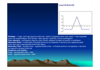 Stratégia = 4 legs, venni egy alacsony strike call, eladni 2 magasabb strike calls, eladni 1 még magasabb 
strike call (tulajdonképpen: Bull Spread + Bear Spread = Butterfly), azonos távolságokra 
Piaci vélemény = semlegesek vagyunk a piac irányán (oldalazó mozgás) és bearish a volatilitáson 
Maximális Rizikó = korlátozódik a kifizetett prémiumra (ha lejáratkor a részvény ára a legalacsonyabb 
strike alatt vagy a legmagasabb strike felett végez) 
Maximális Profit= középs strike – legalacsonyabb strike – a kifizetett prémium (ha lejáratkor a részvény 
ára egyenl a középs strike-kal. 
Breakeven (null szaldó) = 
felfelé: legmagasabb strike - debit 
lefelé: legalacsonyabb strike + debit 
 