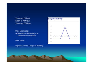 Venni egy ITM put 
Eladni 2 ATM put 
Venni egy OTM put 
Max. Veszteség: 
(ATM strike – ITM strike) – a 
prémium amit fizettünk 
Max. Profit: 
Ugyanaz, mint a Long Call Butterfly 
 