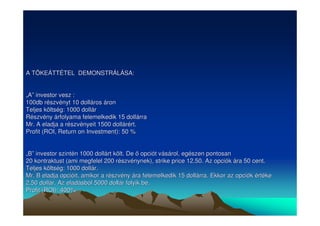 A TKEÁTTÉTEL DEMONSTRÁLÁSA: 
„„A”” investor vesz : 
100db részvényt 10 dolláros áron 
Teljes költség: 1000 dollár 
Részvény árfolyama felemelkedik 15 dollárra 
Mr. A eladja a részvényeit 1500 dollárért. 
Profit (ROI, Return on Investment): 50 % 
„„B”” investor szintén 1000 dollárt költ. De  opciót vásárol, egészen pontosan 
20 kontraktust (ami megfelel 200 részvénynek), strike price 12.50. Az opciók ára 50 cent. 
Teljes költség: 1000 dollár. 
Mr. B eladja opcióit, amikor a részvény ára felemelkedik 15 dollárra. Ekkor az opciók értéke 
2.50 dollár. Az eladásból 5000 dollár folyik be. 
Profit (ROI): 400% 
 
