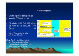 • Eladni egy ITM call opciót és 
• Venni 2 OTM call opciót 
• Pl.: eladni 1x 70 Call 5.90 = 590 
• És venni 2 x 75 call 2.80 = -560 
• Credit: 30 
• Max. Veszteség: a kék 
zónában, 75-nél 
Max. Profit: korlátlan felfelé, 
korlátozott lefelé (lefelé 
megtartjuk a kapott kreditet, 
jelen esetben USD30) 
Call Backspread 
 