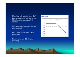 • Eladni egy call opciót. „Naked Call” 
• Bearish, csak ezért szerepel itt, hogy 
közel legyen a covered call-ról 
irtakhoz. 
• Max. Veszteség: korlátlan, ahogy a 
piac emelkedik 
• Max. Profit: korlátozott a befolyt 
prémiumra 
• Piac: bearish (ár) ÉS bearish 
(volatility) 
 