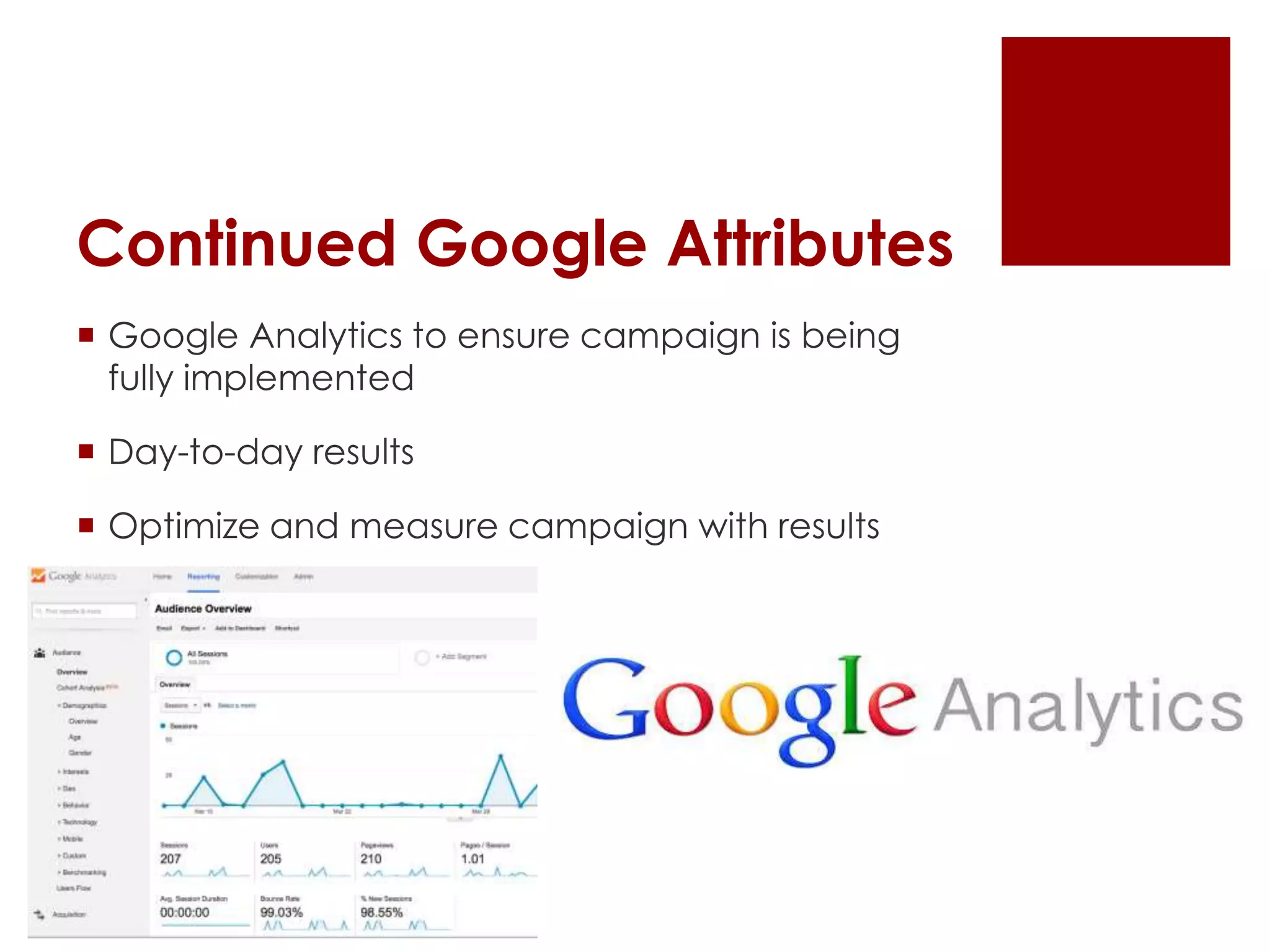 Continued Google Attributes
 Google Analytics to ensure campaign is being
fully implemented
 Day-to-day results
 Optimize and measure campaign with results
 