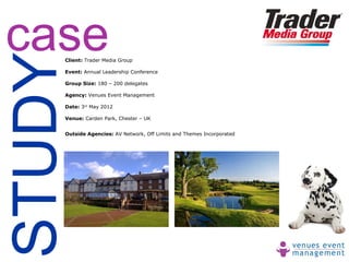 case
STUDY
    Client: Trader Media Group

    Event: Annual Leadership Conference

    Group Size: 180 – 200 delegates

    Agency: Venues Event Management

    Date: 3rd May 2012

    Venue: Carden Park, Chester – UK


    Outside Agencies: AV Network, Off Limits and Themes Incorporated
 