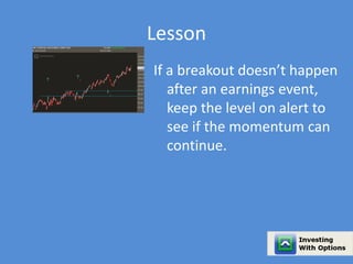 Lesson 
If a breakout doesn’t happen 
after an earnings event, 
keep the level on alert to 
see if the momentum can 
continue. 
 