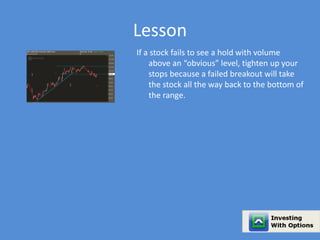 Lesson 
If a stock fails to see a hold with volume 
above an “obvious” level, tighten up your 
stops because a failed breakout will take 
the stock all the way back to the bottom of 
the range. 
 