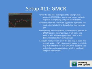 Setup #11: GMCR 
“Over the past four earnings events, Keurig Green 
Mountain (GMCR) has seen strong moves higher in 
response to improving company fundamentals. 
And because of the continued aggression by buyers, the 
stock often fails to fill or break below that earnings 
gap. 
I'm expecting a similar pattern to develop this quarter. As 
GMCR fades its earnings move, it will come into 
levels in which buyers aggressively come in and 
defend the stock from coming lower. 
A straight stock position is not the best way to trade this. 
Instead, an Oct 120/115 put credit spread is a bullish 
play that takes the bet that GMCR will be above 120 
by October options expiration, which is good odds 
and good risk/reward.” 
 