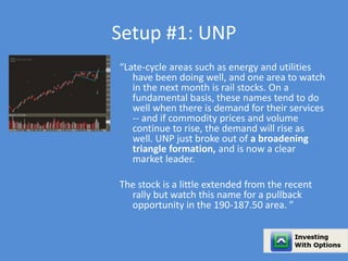 Setup #1: UNP 
“Late-cycle areas such as energy and utilities 
have been doing well, and one area to watch 
in the next month is rail stocks. On a 
fundamental basis, these names tend to do 
well when there is demand for their services 
-- and if commodity prices and volume 
continue to rise, the demand will rise as 
well. UNP just broke out of a broadening 
triangle formation, and is now a clear 
market leader. 
The stock is a little extended from the recent 
rally but watch this name for a pullback 
opportunity in the 190-187.50 area. ” 
 