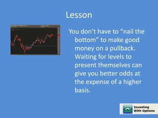Lesson 
You don’t have to “nail the 
bottom” to make good 
money on a pullback. 
Waiting for levels to 
present themselves can 
give you better odds at 
the expense of a higher 
basis. 
 