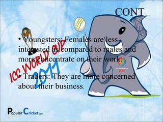 Youngsters: Females are less interested as compared to males and more concentrate on their work. Traders: They are more concerned about their business . CONT …. 