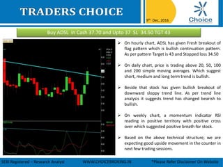 Buy ADSL in Cash 37.70 and Upto 37 SL 34.50 TGT 43
9th Dec, 2016
SEBI Registered – Research Analyst WWW.CHOICEBROKING.IN *Please Refer Disclaimer On Website
 On hourly chart, ADSL has given Fresh breakout of
flag pattern which is bullish continuation pattern.
As per pattern Target is 43 and Stopped loss 34.50
 On daily chart, price is trading above 20, 50, 100
and 200 simple moving averages. Which suggest
short, medium and long term trend is bullish.
 Beside that stock has given bullish breakout of
downward sloppy trend line. As per trend line
analysis it suggests trend has changed bearish to
bullish.
 On weekly chart, a momentum indicator RSI
reading in positive territory with positive cross
over which suggested positive breath for stock.
 Based on the above technical structure, we are
expecting good upside movement in the counter in
next few trading sessions.
 
