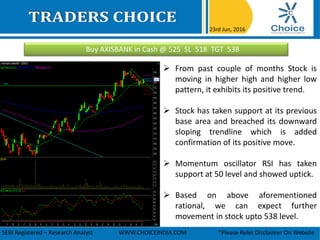 Buy AXISBANK in Cash @ 525 SL 518 TGT 538
23rd Jun, 2016
SEBI Registered – Research Analyst WWW.CHOICEINDIA.COM *Please Refer Disclaimer On Website
 From past couple of months Stock is
moving in higher high and higher low
pattern, it exhibits its positive trend.
 Stock has taken support at its previous
base area and breached its downward
sloping trendline which is added
confirmation of its positive move.
 Momentum oscillator RSI has taken
support at 50 level and showed uptick.
 Based on above aforementioned
rational, we can expect further
movement in stock upto 538 level.
 