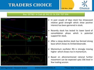 Buy GET&D in Cash @ 342.15 SL 334 TGT 356
15th Nov , 2016
SEBI Registered – Research Analyst WWW.CHOICEBROKING.IN *Please Refer Disclaimer On Website
 In past couple of days stock has showcased
relative good strength which show positive
interest has been garnered in stock.
 Recently stock has tested its lower band of
consolidation phase which is potential
support for stock.
 After a steep decline stock has formed strong
base which shows its limited downside.
 Momentum oscillator RSI is strongly moving
higher which shows rise in momentum.
 Based on aforementioned rational further
movement can be expected upto 356 level in
few trading session.
 
