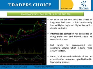 Buy HIMATSEIDE in Cash @ 274.15 SL 268 TGT 286
11th AUG, 2016
SEBI Registered – Research Analyst WWW.CHOICEINDIA.COM *Please Refer Disclaimer On Website
 On chart we can see stock has traded in
long term bull trend. It has continuously
formed Higher high and higher low which
denote positivity.
 Intermediate correction has concluded at
rising trend line and moved above its
consolidation area.
 Bull candle has accompanied with
expanding volume which indicate rising
activity in stock.
 Based on aforementioned rational, we can
expect further movement upto 286 level in
few trading session.
 