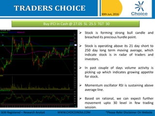 Buy IFCI in Cash @ 27.05 SL 25.5 TGT 30
30th Jun, 2016
SEBI Registered – Research Analyst WWW.CHOICEINDIA.COM *Please Refer Disclaimer On Website
 Stock is forming strong bull candle and
breached its precious hurdle point.
 Stock is operating above its 21 day short to
250 day long term moving average, which
indicate stock is in radar of traders and
investors.
 In past couple of days volume activity is
picking up which indicates growing appetite
for stock.
 Momentum oscillator RSI is sustaining above
average line.
 Based on rational, we can expect further
movement upto 30 level in few trading
session.
 