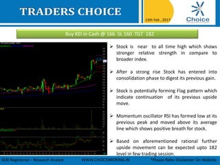 Buy KEI in Cash @ 166 SL 160 TGT 182
13th Feb , 2017
SEBI Registered – Research Analyst WWW.CHOICEBROKING.IN *Please Refer Disclaimer On Website
 Stock is near to all time high which shows
stronger relative strength in compare to
broader index.
 After a strong rise Stock has entered into
consolidation phase to digest its previous gain.
 Stock is potentially forming Flag pattern which
indicate continuation of its previous upside
move.
 Momentum oscillator RSI has formed low at its
previous peak and moved above its average
line which shows positive breath for stock.
 Based on aforementioned rational further
upside movement can be expected upto 182
level in few trading session.
 
