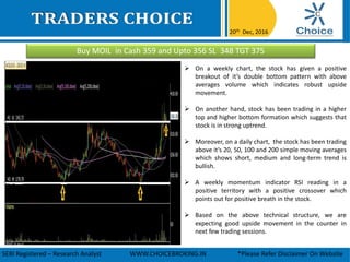 Buy MOIL in Cash 359 and Upto 356 SL 348 TGT 375
20th Dec, 2016
SEBI Registered – Research Analyst WWW.CHOICEBROKING.IN *Please Refer Disclaimer On Website
 On a weekly chart, the stock has given a positive
breakout of it’s double bottom pattern with above
averages volume which indicates robust upside
movement.
 On another hand, stock has been trading in a higher
top and higher bottom formation which suggests that
stock is in strong uptrend.
 Moreover, on a daily chart, the stock has been trading
above it’s 20, 50, 100 and 200 simple moving averages
which shows short, medium and long-term trend is
bullish.
 A weekly momentum indicator RSI reading in a
positive territory with a positive crossover which
points out for positive breath in the stock.
 Based on the above technical structure, we are
expecting good upside movement in the counter in
next few trading sessions.
 