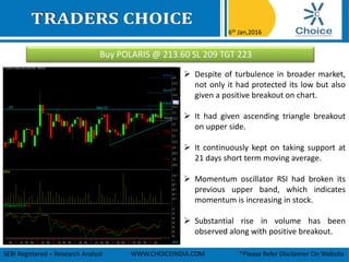 Buy POLARIS @ 213.60 SL 209 TGT 223
6th Jan,2016
SEBI Registered – Research Analyst WWW.CHOICEINDIA.COM *Please Refer Disclaimer On Website
 Despite of turbulence in broader market,
not only it had protected its low but also
given a positive breakout on chart.
 It had given ascending triangle breakout
on upper side.
 It continuously kept on taking support at
21 days short term moving average.
 Momentum oscillator RSI had broken its
previous upper band, which indicates
momentum is increasing in stock.
 Substantial rise in volume has been
observed along with positive breakout.
 