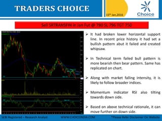 Sell SRTRANSFIN in Jan Fut @ 780 SL 796 TGT 750
15th Jan,2016
SEBI Registered – Research Analyst WWW.CHOICEINDIA.COM *Please Refer Disclaimer On Website
 It had broken lower horizontal support
line. In recent price history it had set a
bullish pattern abut it failed and created
whipsaw.
 In Technical term failed bull pattern is
more bearish then bear pattern. Same has
replicated on chart.
 Along with market falling intensity, it is
likely to follow broader indices.
 Momentum indicator RSI also tilting
towards down side.
 Based on above technical rationale, it can
move further on down side.
 